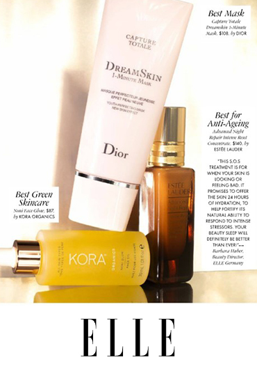 Elle Singapore April 2020 features KORA Organics Noni Glow Face Oil for winning Best Green Skincare in the Elle Beauty Awards